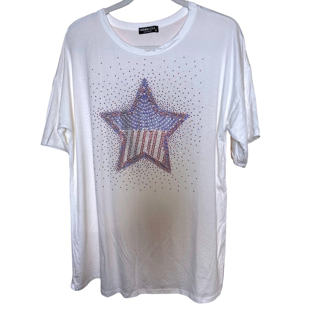 NWOT Heimish USA Womens White Rhinestone Patriotic Star Flag Boho Soft T-Shirt M